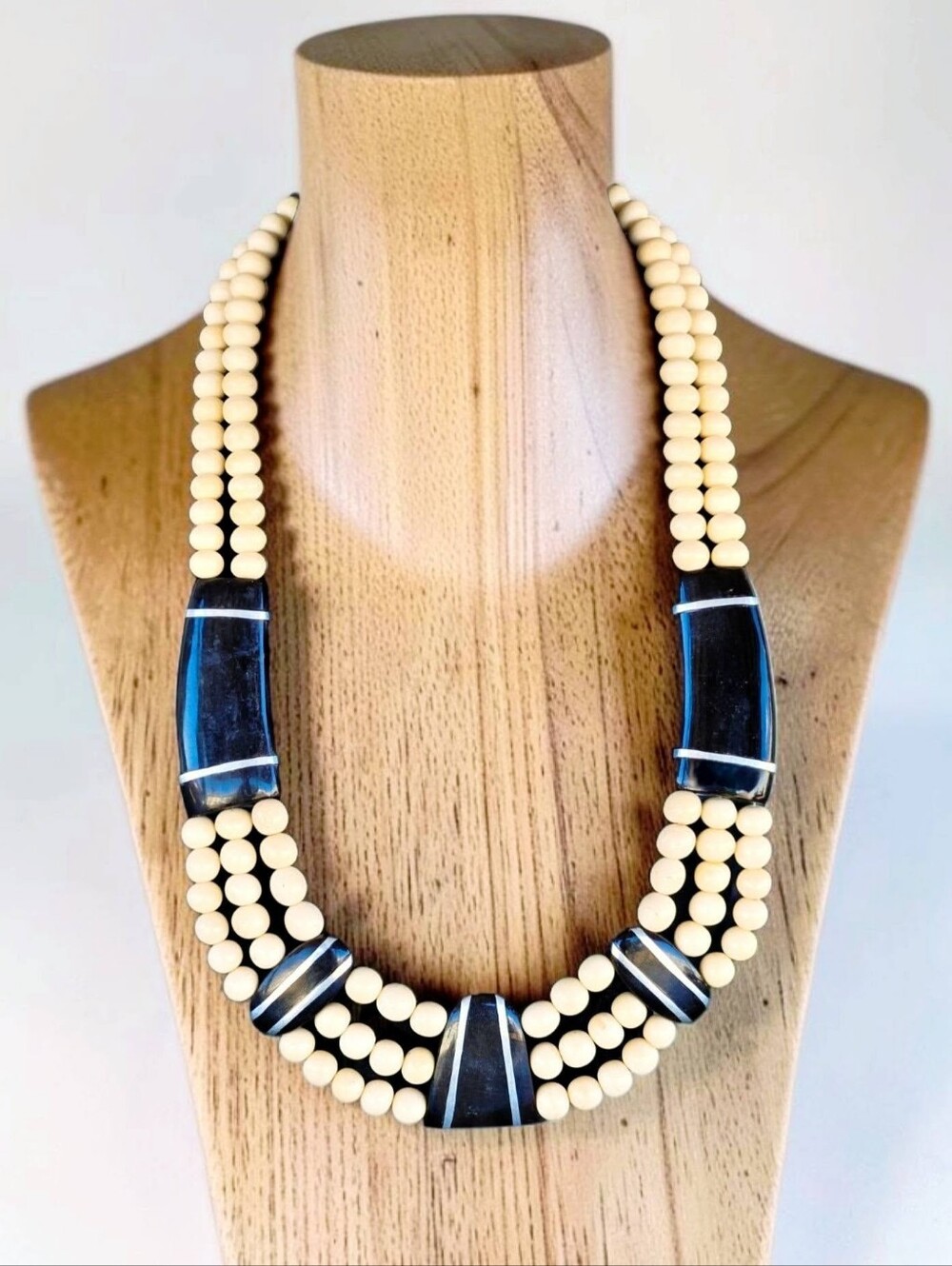 Vintage Mid-Century Ethnic Carved Bone & Horn Multi-Strand Statement Necklace